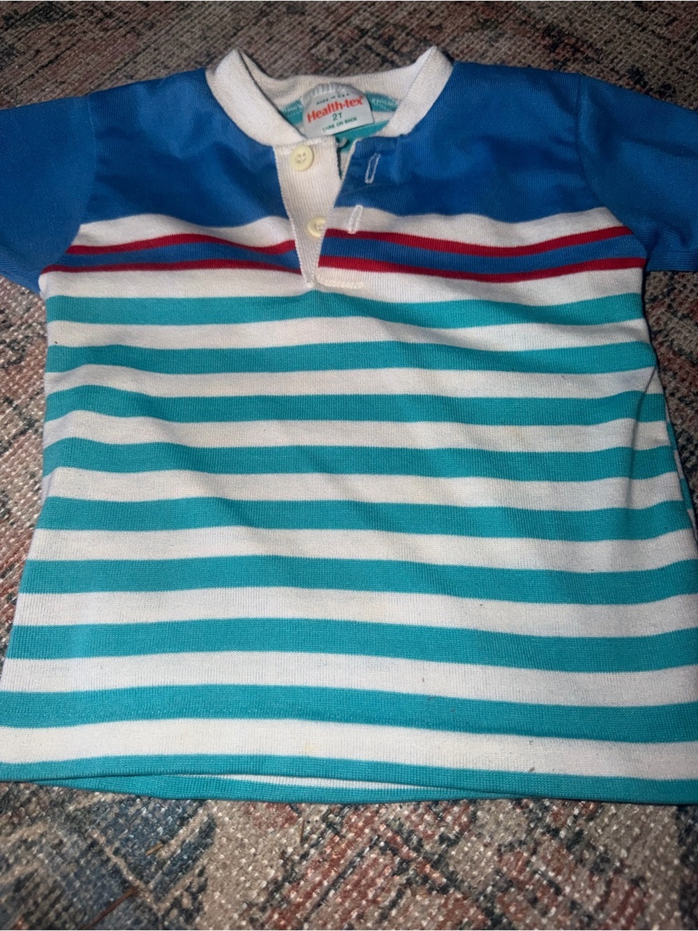 Vintage Boy Baby 2T Blue & White Striped Health-tex Polo Short Sleeve